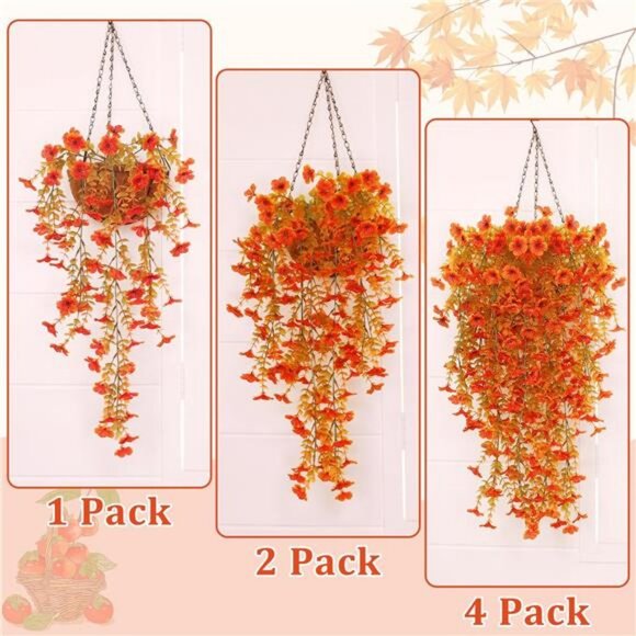 4 Pcs Artificial Hanging Fall Flowers Fall Decorations, Fake Mums for Outdoor - Picture 3 of 7